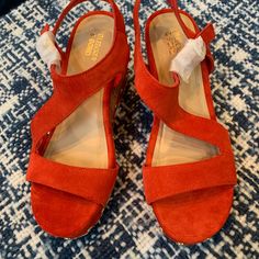 These Bright Red, Wedge Sandals Are New But No Box. Crossover Straps, White Soles With Gold Detail. Bleeker And Bond, Size 8 1/2 Medium. Red Block Heel Wedge Sandals For Summer, Red Wedge Sandals With Block Heel For Spring, Red Block Heel Wedge Sandals For Spring, Red Wedge Sandals, Womens Shoes Wedges, Gold Details, Bright Red, Wedge Shoes, Wedge Sandals