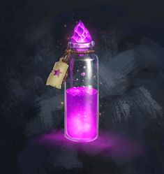 a glass jar filled with purple liquid and a star on the top that has a tag hanging from it