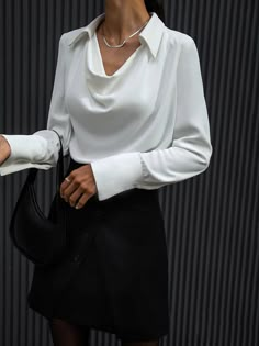 V-Neck Pleated Long Sleeve Blouse Fashion Blouses For Women, Professional Shirts For Women, Fit Clothes, White Long Sleeve Blouse, Fits Clothes, Fancy Blouses, Uniform Design, Elegant Blouses, Office Attire