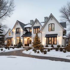 a large white house with lots of windows and trees in the front yard covered in snow