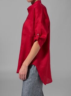 Linen Mandarin Collar Blouse Red Red Linen Top For Spring, Chic Linen Tops With Shirttail Hem, Linen Blouse With Rolled Sleeves For Daywear, Linen Blouse With Shirttail Hem For Daywear, Linen Tops With Shirttail Hem For Daywear, Casual Linen Blouse For Casual Gatherings, Elegant Linen Tops With Shirttail Hem, Chic Linen Tunic Blouse, Relaxed Linen Tops For Casual Gatherings