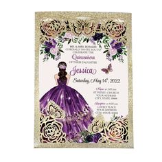 an elegant purple and gold quinceaue birthday party card with a princess on it