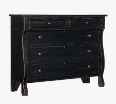 an old black chest of drawers with brass knobs on the top and bottom, against a white background