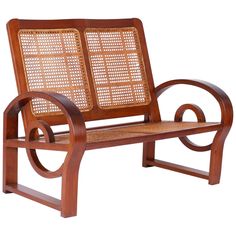 a wooden bench with an intricate design on it's armrests and back