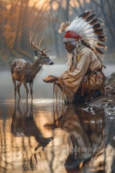 In the soft glow of sunrise, a Native American elder kneels by the water's edge, extending a peaceful offering to a curious deer. The rippling reflections in the water echo the connection between man, nature, and spirit, symbolizing harmony and mutual respect. With traditional attire and serene surroundings, this artwork beautifully captures the essence of unity and reverence for the natural world. A timeless moment of connection, this is Harmony at Dawn Native American Canvas. Native American Character Art, Native American Aesthetic, Native American Photography, American Indian Artwork, American Wallpaper, Sioux Indian, Native Tattoos