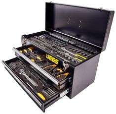 a tool box filled with tools on top of a white background