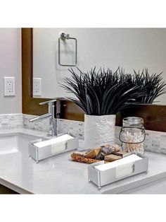 a bathroom sink with two soap dispensers and a plant in the corner