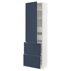 a white and blue cabinet with two doors on each side, one door open to reveal the other