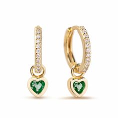 A tiny Emerald bezel set heart charm dangles from pavé huggie hoop earrings.| Lead and Nickel free.Sold as a PAIR Gold Vermeil (Thick layer of Gold plated over Sterling Silver) Emerald Cubic Zirconia Gemstone Heart Charm 5mm(0.2in) Hoop: Inside Diameter 9mm(0.35in), Thickness 1.5mm(0.06in) Hinge closure #E445-GEM Charm Huggie Earrings, Knots Jewelry, Jewelry Gift Guide, Choker Pendant, Moms Bracelet, Month Gifts, Tiny Studs, Nose Jewelry, Heart Gemstone