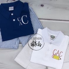 This listing is for boys short sleeve white polo. 3 Letter Monogram - straight across first, middle, last. Plus mini pencil Shorts are available by request. Message with any questions!! SHIPPING POLICY: I CAN guarantee your order will be shipped during the listed shipping time (1-2 weeks). Once an order has shipped, I have NO control over USPS. It is NOT my responsibility once the order has shipped. It is your responsibility to have the correct shipping address when the order is placed. If you h Preppy Cotton Polo Shirt For School, Fitted Cotton Polo Shirt For School, White Cotton School Uniform Tops, Preppy White Cotton Polo Shirt, White Cotton Preppy Polo Shirt, Classic Cotton Polo Shirt For School, School Polo, Not My Responsibility, 3 Letter Monogram