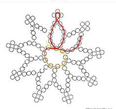 a snowflake made out of circles on a white background with red and yellow lines