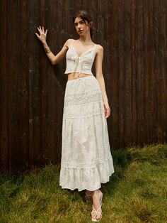 Jacquard Cotton Blends Maxi Skirt Cottagecore Skirt Outfit, Romantic Aesthetic Outfit, Whimsical Aesthetic Outfit, Maxi Linen Skirt, Long Lace Skirt, Two Piece Long Dress, Boho Whimsical, White Maxi Skirt, Home Vacation