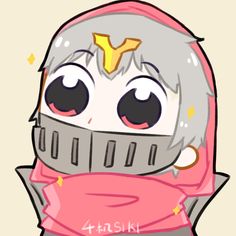 an anime character with big eyes and a pink scarf around his neck, wearing a helmet