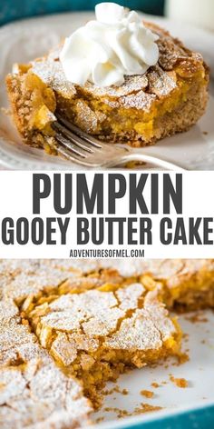 pumpkin gooey butter cake on a plate with a fork