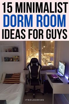 a room with a bed, desk and computer on it that says 15 minimalist dorm room ideas for guys