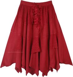 A bright cherry red hi-low hem rodeo barn dance western intrigue mid-length rayon skirt for women. Get in touch with your inner cowgirl with this country skirt highlighted by eyelet Georgette fabric and a tie-up corset-style waist. The eyelet fabric bridges the gap from the renaissance to modern on this beautiful unique slightly stonewashed masterpiece skirt with a handkerchief bottom made of 100% rayon. The fabric is so soft, the quality is amazing, and the design is stunning! The front lacing Fitted Red Skirt For Festival, Red Lined Skirt For Festival, Red Fitted Maxi Skirt For Festival, Fitted Red Maxi Skirt For Festival, Country Skirt, Hanky Hem Skirt, Dance Western, Black Handkerchief, Halloween Western