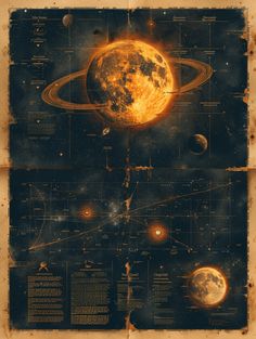 an image of the solar system with planets and stars on it, as well as text