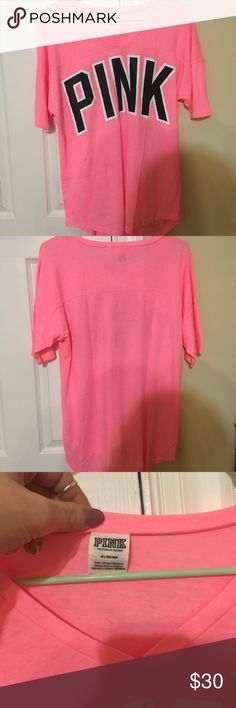 Victoria's Secret pink jersey tee New without tags size medium oversized fit shirt. PINK Victoria's Secret Tops Tees - Short Sleeve Pink V-neck Athleisure Top, Sporty Pink Summer Tops, Pink V-neck Workout Tops, Pink Summer Workout Tops, Pink Workout Tops For Summer, Pink Relaxed Fit Top For Workout, Pink Relaxed Fit Workout Tops, Oversized Pink V-neck Top, Pink Oversized Sporty Top