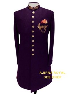 Fitted Jamawar Sherwani For Wedding, Formal Purple Unstitched Suit, Wedding Fitted Jamawar Sherwani, Fitted Embroidered Jamawar Sherwani, Bollywood Style Sherwani With Dori Work, Embroidered Fitted Jamawar Sherwani, Formal Purple Sets With Zari Work, Formal Embroidered Purple Sets, Formal Purple Embroidered Set