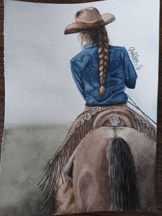 a drawing of a woman riding on the back of a horse wearing a cowboy hat