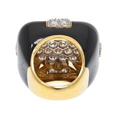 Elegant ring with lots of fire and wow factor set with diamonds finished with black enameling all throughout. David Webb's Checkmate ring is sure to become a perfect gift for any occasion. Black and white make a perfect combination for any accessory and when it's in jewelry it makes it extra special since you can then combine with practically any item in your wardrobe. This ring is not small just like any ring from David Webb you are guaranteed to have a bold and striking jewel that is quality a Luxury Black Enamel Ring, Designer Black Ring With Black Enamel, Designer Black Enamel Ring, Black Diamond Enamel Ring For Anniversary, Luxury Black Enamel Rings For Evening, Black Enamel Diamond Ring In Fine Jewelry Style, Black Diamond Enamel Ring Fine Jewelry, Luxury Enamel Rings For Formal Occasions, Designer Black Enamel Rings For Gift