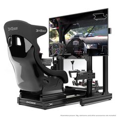 an image of a car driving simulator set up on a stand with monitor and steering wheel