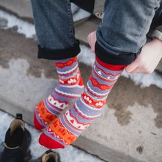 Tree Snowflake Unisex Socks - Red/Purple - The Montana Scene Casual Purple Socks For Gift, Casual Purple Socks For Gifts, Casual Purple Socks As Gift, Red Socks For Winter Gifts, Red Socks For Winter Gift, Red Winter Socks As Gift, Red Socks As Winter Gifts, Warm Red Casual Socks, Red And Purple