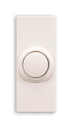 a white light switch with an oval button on the front and side panel, facing forward