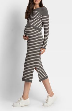 A great streamlined option for your next special event, this maternity sweater-dress features layered detailing on the bodice and a built-in nursing flap. Slips on over head Boat neck Long sleeves Side slits 81% viscose, 19% nylon with 96% viscose, 4% elastane Machine wash, dry flat Imported Maternity Sweater Dress, Maternity Sweater, Pre Pregnancy, Long Sleeve Sweater Dress, Nordstrom Store, Boat Neck, Size 16, Nordstrom Dresses, Long Sleeve Sweater