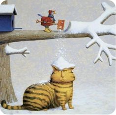 a cat sitting on top of a tree next to a birdhouse and snow covered ground