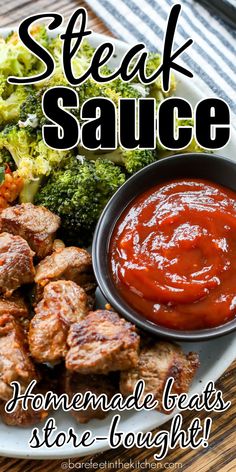 a white plate topped with meat and broccoli covered in sauce next to a bowl of ketchup