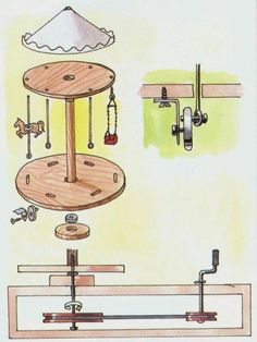 a drawing of a wooden table with several objects hanging from it's sides, including an umbrella