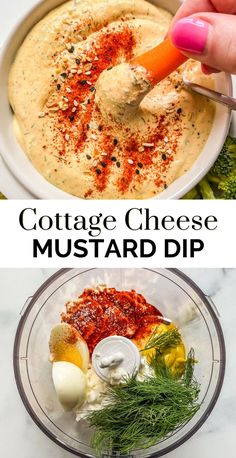 collage of photos showing how to make cottage cheese mustard dip