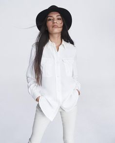 Caroline Crepe White Long Sleeve Button Up Shirt | rag & bone Long Sleeve Button Up Shirt, White Button Up, Military Inspired, Crepe Fabric, Trendy Accessories, Sophisticated Style, White Long Sleeve, White Tops, Button Up Shirt