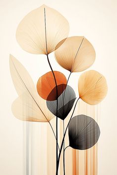 an abstract painting of flowers and leaves in orange, black, beige and white colors