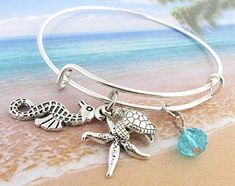 Beach Bangle Bracelet with Seahorse Charm Horse Charm Bracelet, Beach Charm Bracelet, Seahorse Jewelry, Horse Bracelet, Sea Turtle Bracelet, Beach Bracelet, Turtle Bracelet, Starfish Bracelet, Horse Jewelry