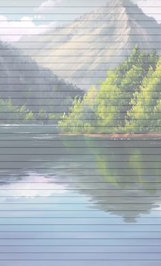 a painting of mountains and trees reflected in the water on a paper textured background