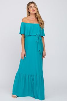 A comfortable & casual maternity dress perfect for any day!  A solid hued maternity maxi dress featuring a ruffle off shoulder neckline and a self-tie waist. The Turquoise Off Shoulder Maternity Maxi Dress is perfectly bump-friendly! Turquoise Maternity Dress, Off-shoulder Maternity Maxi Dress, Maternity Maxi Dress In Solid Color, Flowy Off-shoulder Maternity Maxi Dress, Spring Maternity Maxi Dress In Solid Color, Maternity Maxi Dress With Ruffles, Summer Maternity Off-shoulder Maxi Dress, Spring Maternity Solid Maxi Dress, Spring Maternity Solid Color Maxi Dress