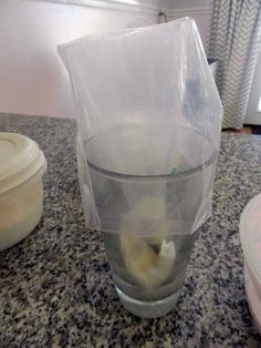 a plastic container filled with bananas on top of a counter