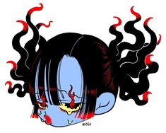 a drawing of a woman with blood on her face and hair blowing in the wind