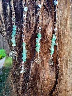 Adorn your hair with these super pretty Celtic /Viking Green Aventurine hair twists. Sold individually or as a set  .Each twist is 5.5 mm but can be made larger or smaller just email me I'll be glad to make them for your desired size or different gemstone color. Gemstone Hair, Hair Twists, Hair Twist, Hair Coils, Boho Hair, Twist Hair, Hair Jewellery, Dread Beads, Festival Hair