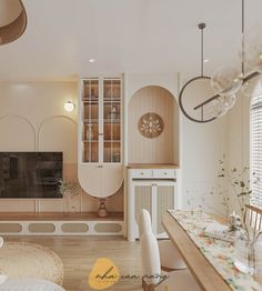 a living room and dining area with white furniture in the center, wooden shelves on either side