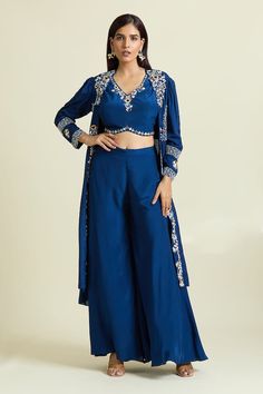 Blue jacket with crystal embellished, resham and dabka floral blossom motifs. Paired with padded embroidered blouse and palazzo. - Aza Fashions Blouse And Palazzo, Navy Blue Jacket, Palazzo Set, Floral Jacket, Jacket Design, Indian Beauty Saree, Designer Wear, Embroidered Blouse, Blue Jacket