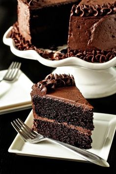 a slice of chocolate cake on a white plate