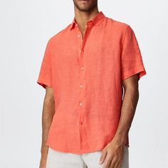 Red Men's Linen Shirt Summer Shirt Beach Shirt Turndown Summer Short Sleeve White Red Blue Plain Casual Daily Clothing Apparel Red Collared Beach Shirt, Orange Short Sleeve Shirt For Vacation, Casual Orange Shirt With Spread Collar, Orange Linen Top For Summer, Casual Red Beach Shirt, Red Short Sleeve Shirt For Vacation, Red Short Sleeve Vacation Shirt, Red Linen Shirt Relaxed Fit, Red Linen Shirt With Relaxed Fit