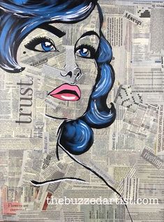 a painting of a woman's face with blue hair on top of newspaper pages