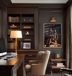 a desk with a chair and a computer on it in front of a bookshelf