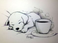 a drawing of a puppy sleeping next to a cup of coffee