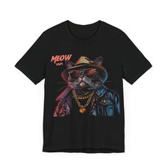 Step up your game with the "Swag Cat Tee - 'Meow Papi' Edition," the ultimate t-shirt for feline fans who appreciate a blend of humor and style. This shirt features a slick cat decked out in the coolest fashion: a fedora, shades, and a gold chain—pure meow magnificence. It's not just a t-shirt; it's a statement that says you're bold, confident, and ready to take on the world with the same charisma as 'Meow Papi' himself. Whether you're lounging or out on the prowl, make a statement that's impossible to ignore. This classic unisex jersey short sleeve tee fits like a well-loved favorite. Soft cotton and quality print make users fall in love with it over and over again. These t-shirts have-ribbed knit collars to bolster shaping. The shoulders are tapered for a better fit over time. Dual side Cat Design Short Sleeve T-shirt For Streetwear, Black Cat Print T-shirt For Streetwear, Cat Print Crew Neck T-shirt For Streetwear, Trendy Cat Design T-shirt For Streetwear, Trendy Streetwear T-shirt With Cat Design, Graphic Tee With Cat Print For Streetwear, Novelty Pre-shrunk T-shirt For Streetwear, Trendy Black T-shirt With Cat Print, Black Gamer T-shirt With Screen Print