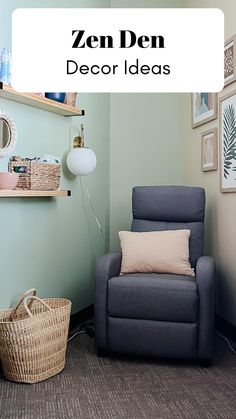 a room with a chair, shelves and pictures on the wall